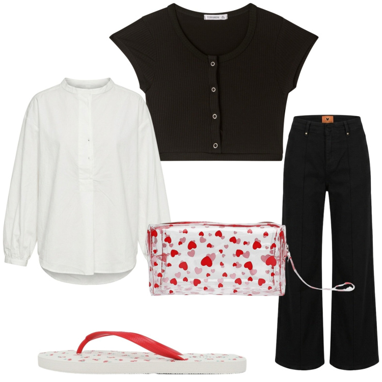 Outfit donna - Essenziale. Stile Basic per Tutti i giorni. Abbinamento con top, valigie, infradito, camicie, pantaloni.