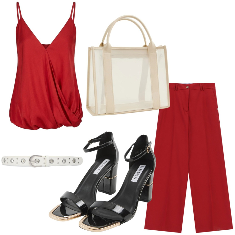 Outfit donna - Look moderno. Stile Minimal per Serata fuori. Abbinamento con sabot, cinture, borse tote, pantaloni a palazzo, top.