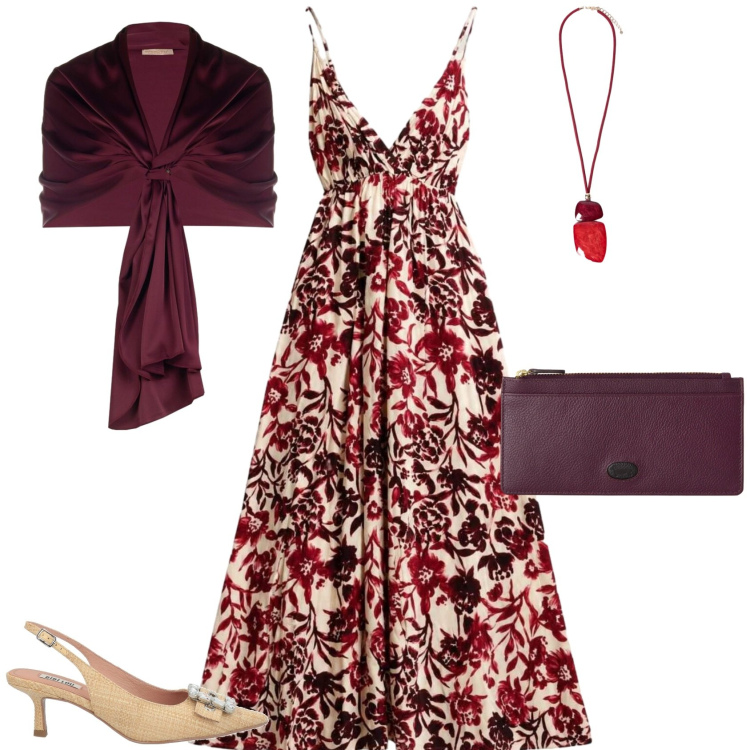 Outfit donna - Boho chic serata al mare. Stile Boho per Serata fuori. Abbinamento con décolleté, vestiti lunghi, portafogli, ciondoli, stole.