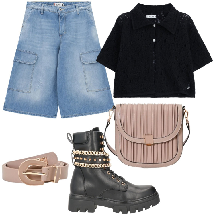 Outfit donna - Anfibi rock. Stile Rock per Serata fuori. Abbinamento con anfibi, bermuda, maglieria, borse a tracolla, cinture.