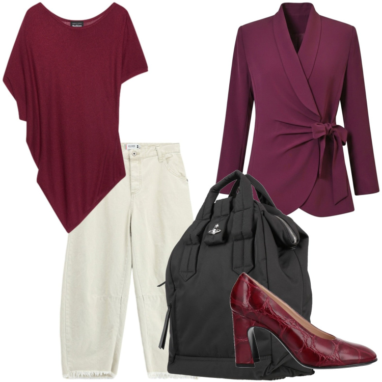 Outfit donna - Blazer trendy. Stile Trendy per Tutti i giorni. Abbinamento con décolleté, zaini, blazer, jeans dritti, top.