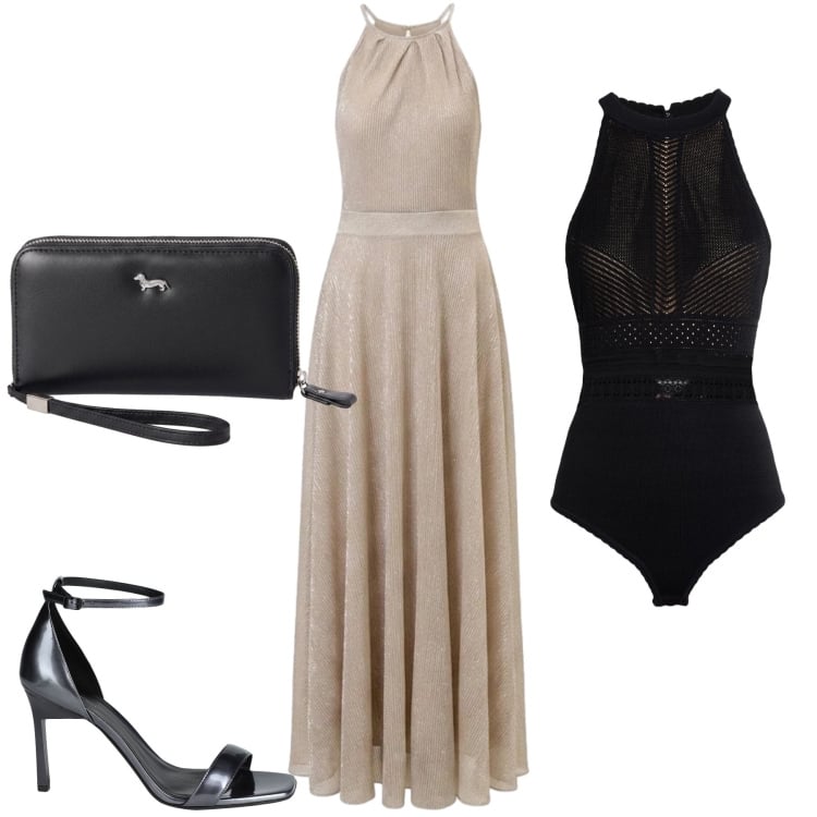 Outfit donna - Total look #2453139. Stile Chic per Serata fuori. Abbinamento con sandali in pelle, body, portafogli, vestiti lunghi.