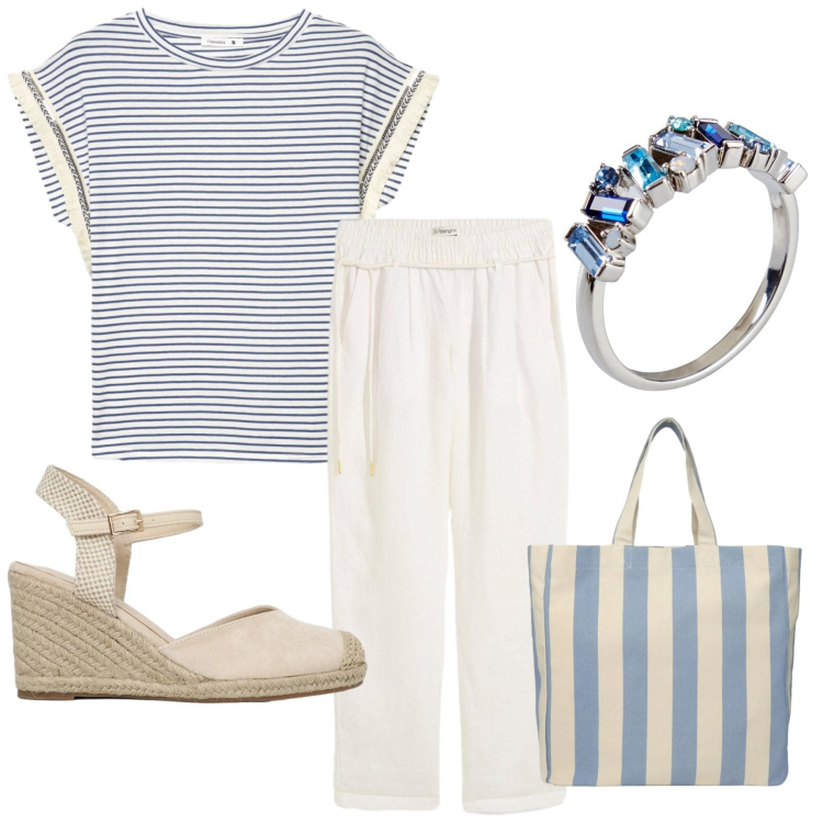 Outfit donna - Total look #2453143. Stile Sporty chic per Tutti i giorni. Abbinamento con pantaloni, anelli, t-shirt, shopping bag, zeppe.
