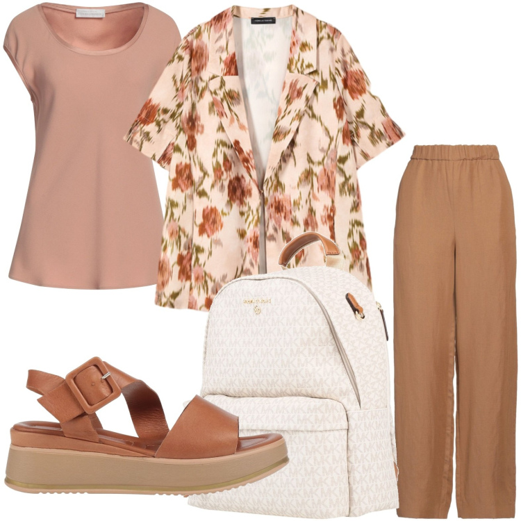Outfit donna - Stile metropolitano. Stile Casual per Ufficio. Abbinamento con sandali in pelle, top, zaini, pantaloni, blazer.