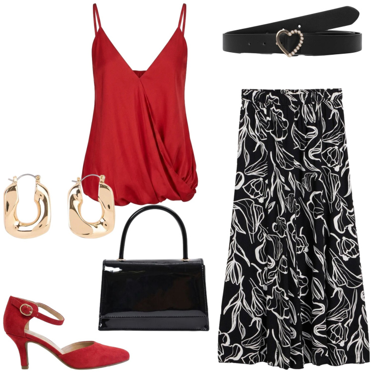 Outfit donna - Total look #2453148. Stile Chic per Serata fuori. Abbinamento con gonne lunghe, décolleté, orecchini, cinture, borse a mano, top.