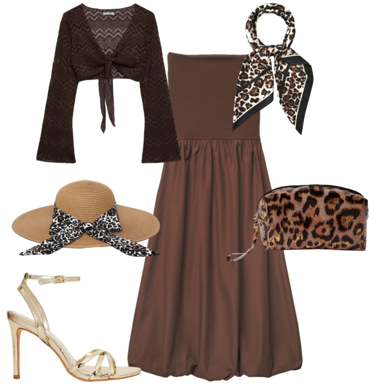 Outfit donna - Boho chic animalier. Stile Boho per Mare. Abbinamento con foulard, cappelli, vestiti midi/longuette, pochette, sandali col tacco, top.
