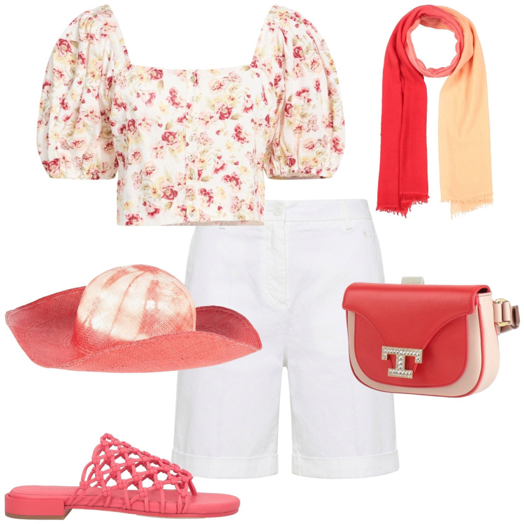 Outfit donna - Casual chic agosto in città. Stile Casual chic per Tutti i giorni. Abbinamento con marsupi, cappelli, camicie a manica corta, sciarpe, ciabatte, bermuda.