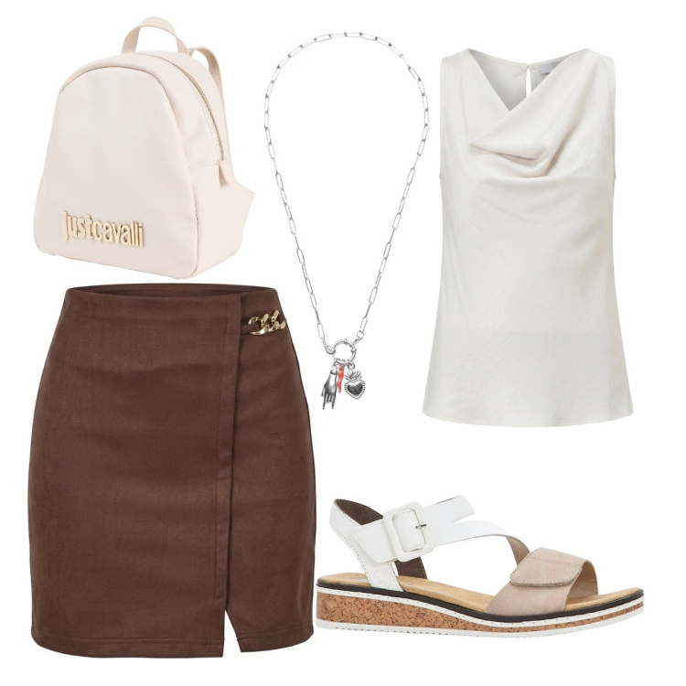 Outfit donna - Per cena la gonna morbida. Stile Casual chic per Serata fuori. Abbinamento con zaini, sandali, minigonne, canottiere, ciondoli.