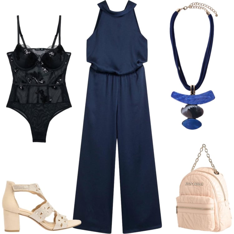 Outfit donna - Total look #2453159. Stile Chic per Serata fuori. Abbinamento con zaini, tute, sandali col tacco, body, ciondoli.