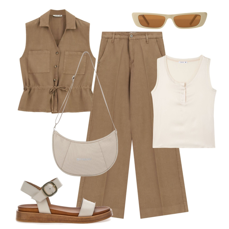 Outfit donna - Arte, storia, passeggiate. Stile Basic per Tutti i giorni. Abbinamento con canottiere, pantaloni a palazzo, gilet, occhiali da sole, borse a spalla, sandali.
