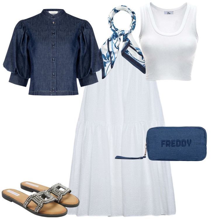 Outfit donna - Casual chic tempo libero. Stile Casual chic per Tutti i giorni. Abbinamento con ciabatte, foulard, gonne lunghe, canottiere, camicie a manica corta, pochette.