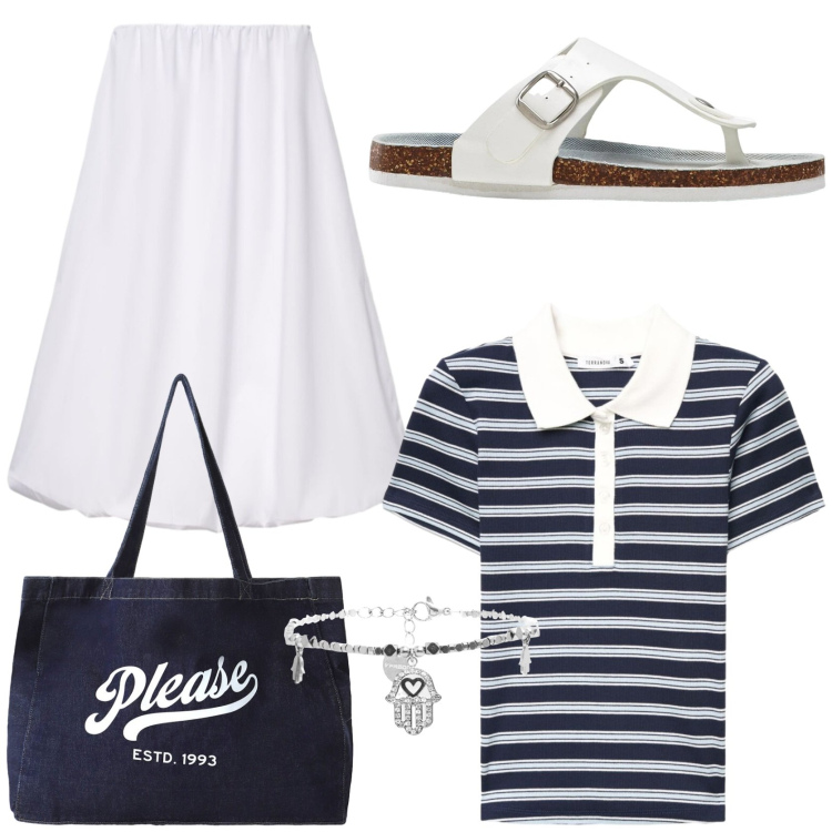 Outfit donna - Mariniere. Stile Basic per Tutti i giorni. Abbinamento con infradito, gonne lunghe, polo, shopping bag, braccialetti.