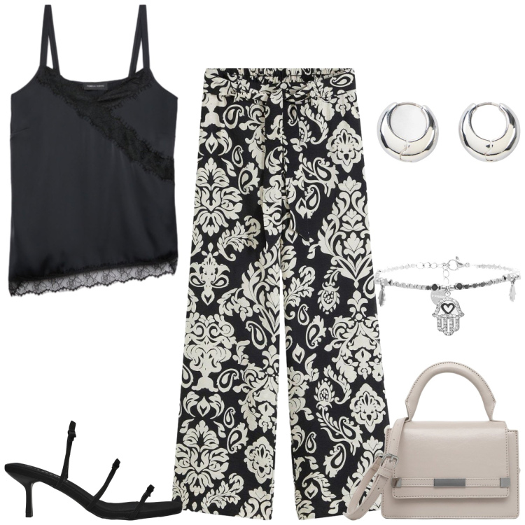 Outfit donna - Total look #2453166. Stile Chic per Serata fuori. Abbinamento con pantaloni a palazzo, orecchini, sandali col tacco, borse a tracolla, top, braccialetti.