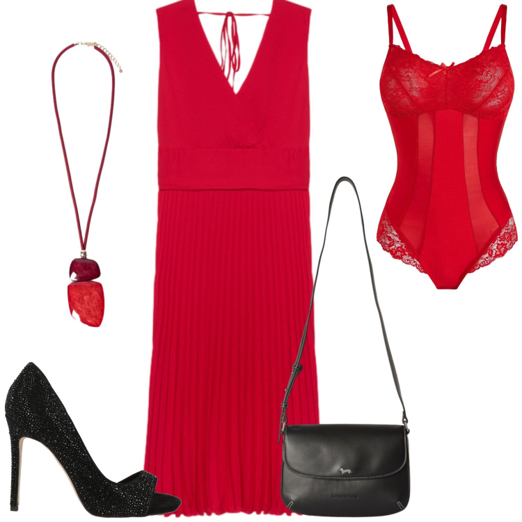 Outfit donna - Total look #2453172. Stile Chic per Serata fuori. Abbinamento con décolleté, body, borse a tracolla, vestiti midi/longuette, ciondoli.
