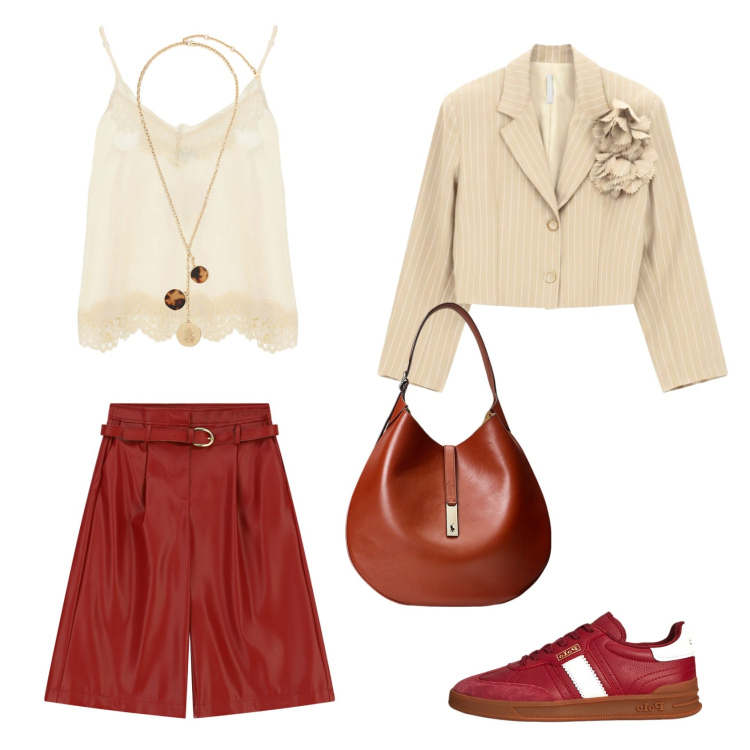 Outfit donna - Museo d\' estate. Stile Casual chic Abbinamento con blazer, bermuda, top, borse a spalla, sneakers, collane.