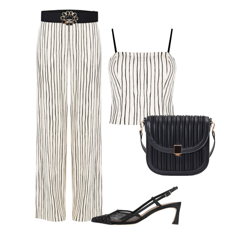 Outfit donna - Eleganza a righe - @pamela. Stile Glamour per Serata fuori. Abbinamento con décolleté, pantaloni a palazzo, canottiere, borse a tracolla, cinture.