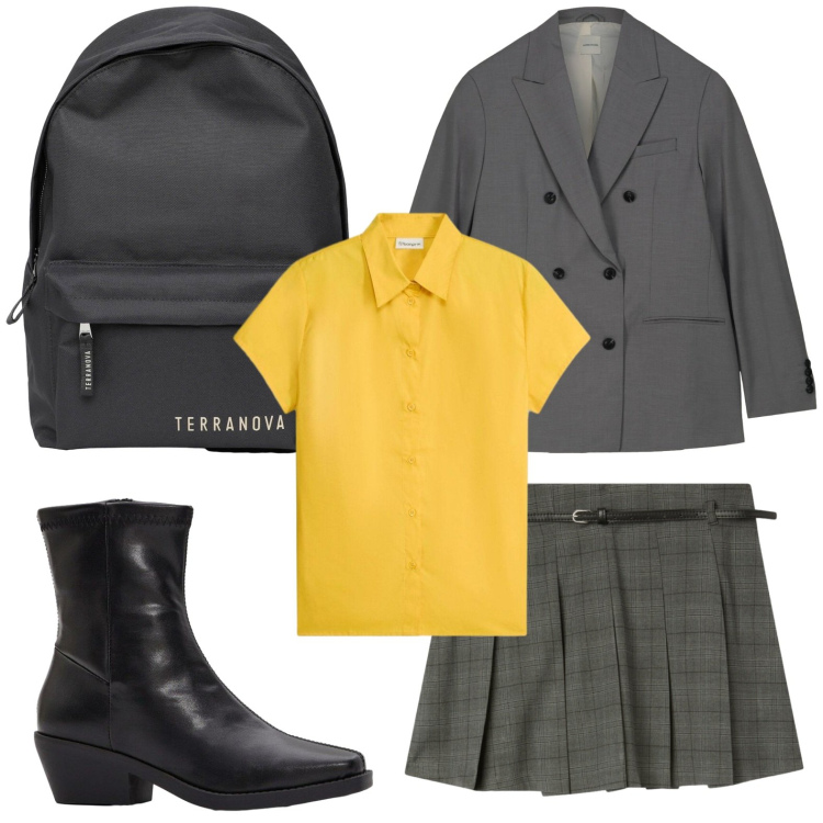 Outfit donna - Preppy style. Stile Preppy per Scuola/Università. Abbinamento con stivaletti, camicie a manica corta, zaini, minigonne, blazer.