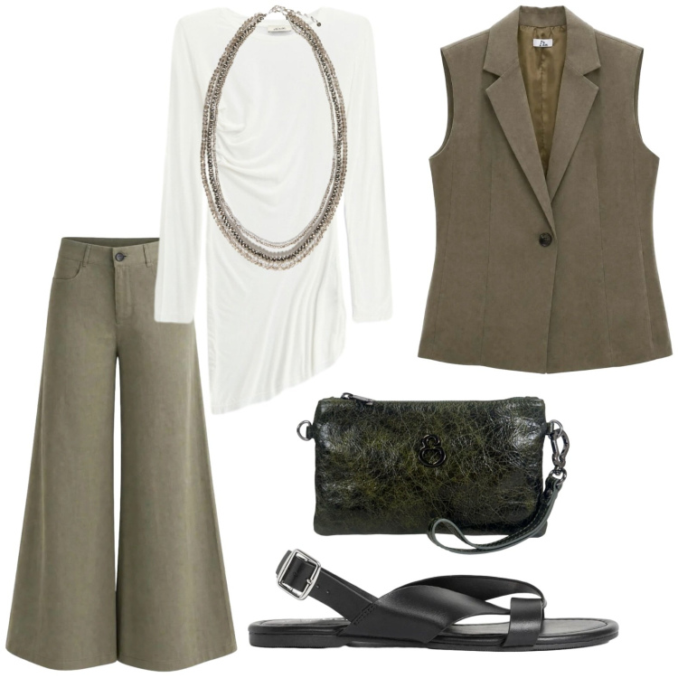 Outfit donna - Metropolitan Escape. Stile Trendy per Tutti i giorni. Abbinamento con sandali, t-shirt, pantaloni a palazzo, gilet, collane, pochette.