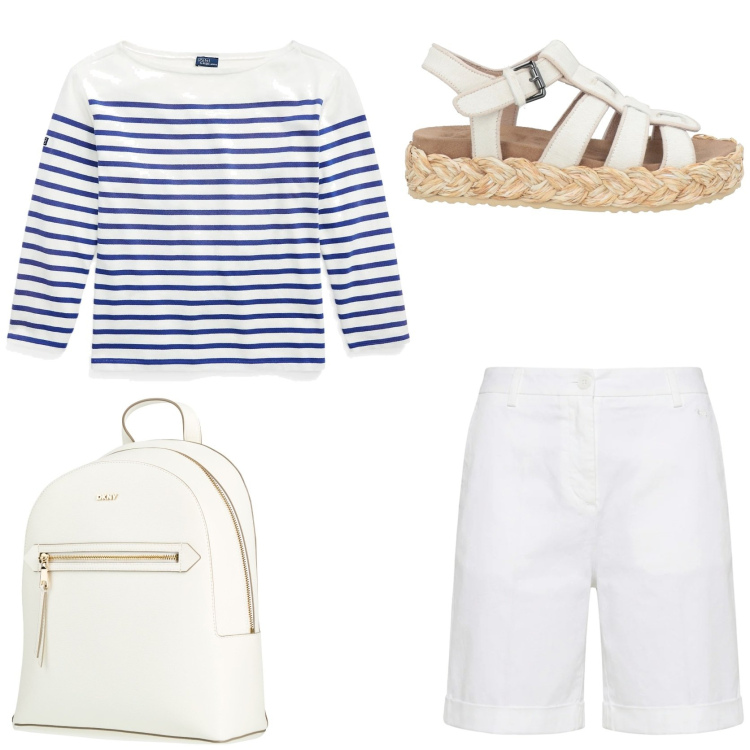 Outfit donna - Mariniere look. Stile Casual chic per Tutti i giorni. Abbinamento con espadrillas, zaini, t-shirt, bermuda.