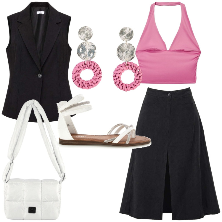 Outfit donna - Metropolitan Escape. Stile Glamour per Tutti i giorni. Abbinamento con orecchini, top, gonne lunghe, gilet, borse a spalla, sandali.