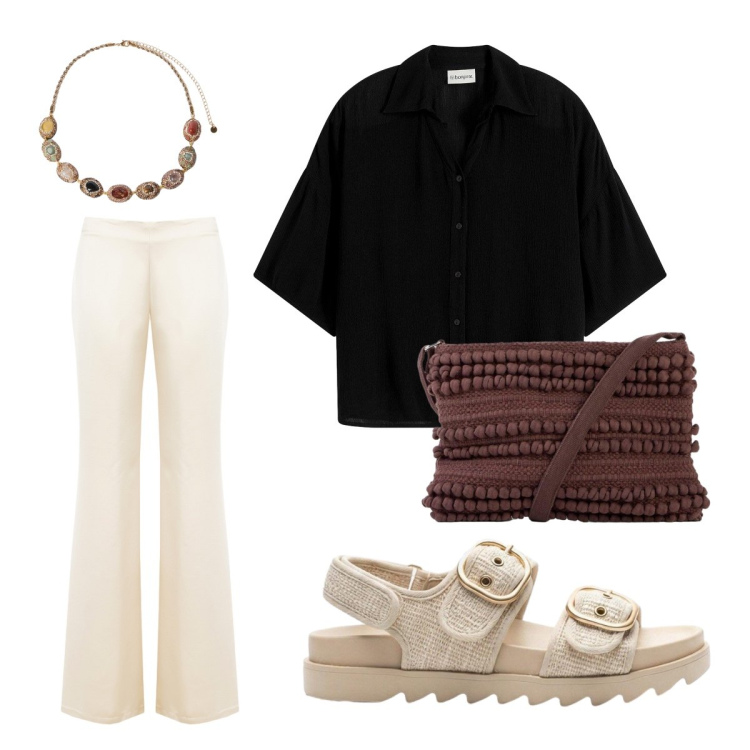 Outfit donna - Per cena i pantaloni palazzo. Stile Basic per Serata fuori. Abbinamento con borse a tracolla, sandali, bluse, pantaloni a palazzo, collane.
