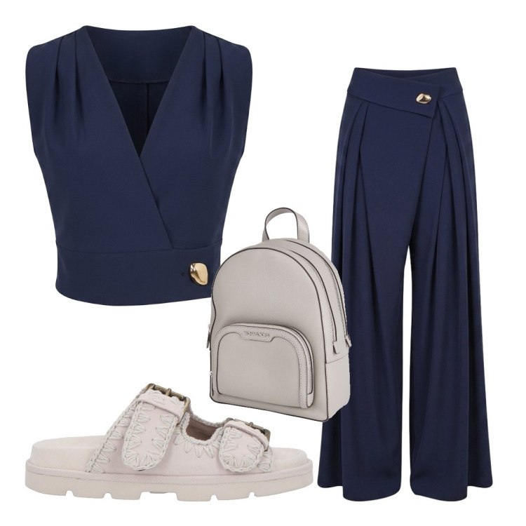 Outfit donna - Per cena il top luminoso. Stile Casual chic per Serata fuori. Abbinamento con zaini, sandali in pelle, top, pantaloni a palazzo.