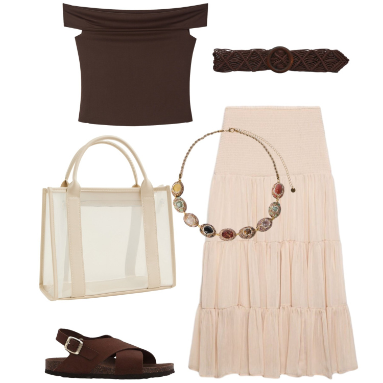 Outfit donna - Total look #2453191. Stile Boho per Tutti i giorni. Abbinamento con sandali in pelle, gonne lunghe, cinture, top, borse tote, collane.