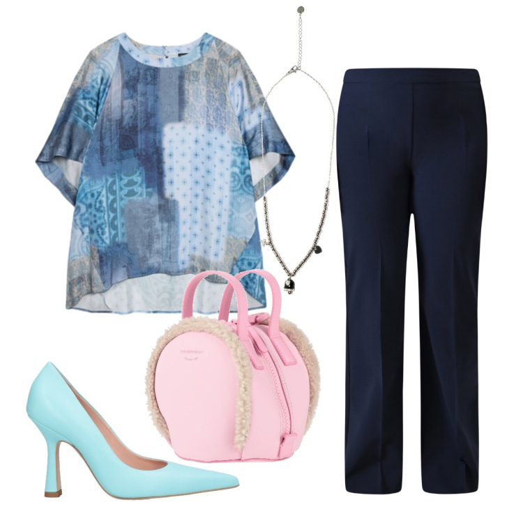Outfit donna - Per cena la blusa leggera. Stile Casual chic per Serata fuori. Abbinamento con zaini, décolleté, pantaloni, ciondoli, bluse.