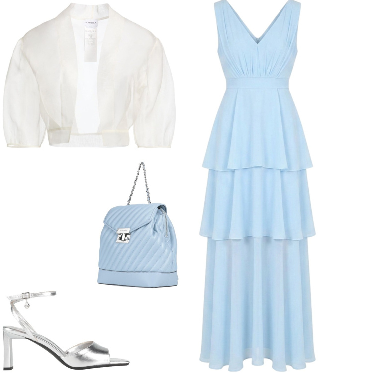 Outfit donna - Chic serata estiva. Stile Chic per Serata fuori. Abbinamento con zaini, blazer, sandali col tacco, vestiti lunghi.