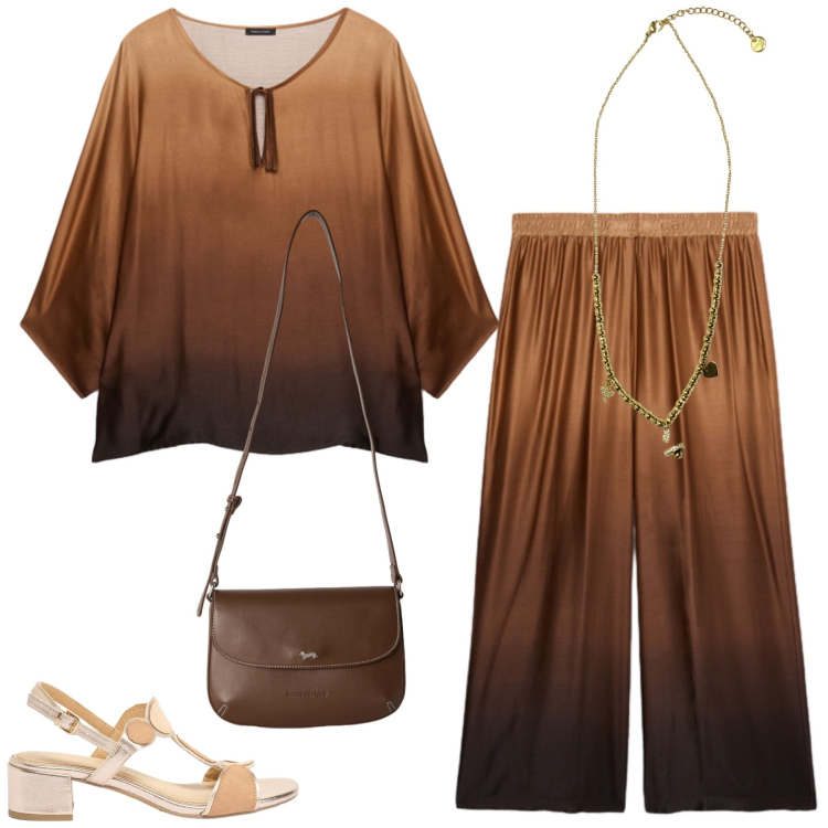 Outfit donna - Total look #2453194. Stile Casual chic per Serata fuori. Abbinamento con sandali col tacco, borse a tracolla, bluse, pantaloni a palazzo, ciondoli.