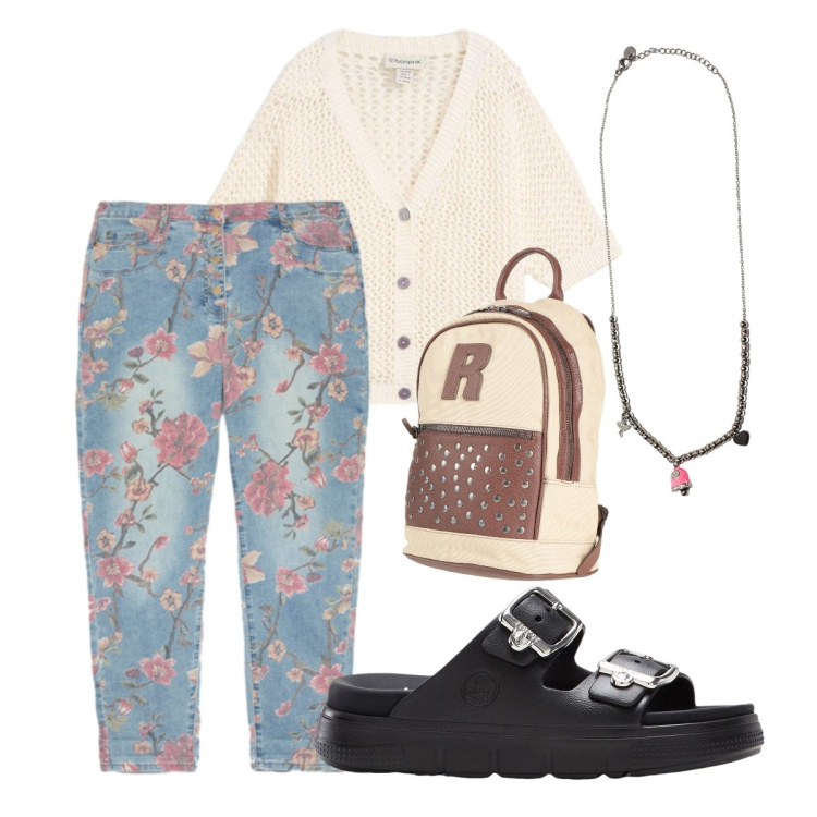 Outfit donna - Oggi mi vesto così per cena. Stile Casual per Serata fuori. Abbinamento con zaini, cardigans, ciabatte, jeans, ciondoli.