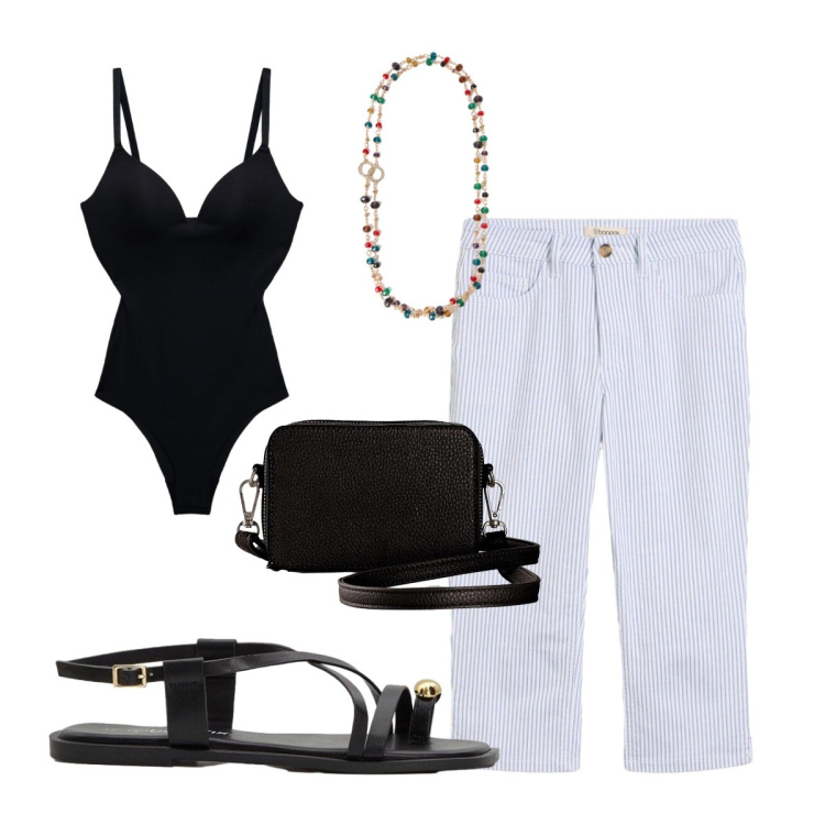Outfit donna - Per cena il body. Stile Minimal per Serata fuori. Abbinamento con jeans, sandali, borse a tracolla, body, collane.