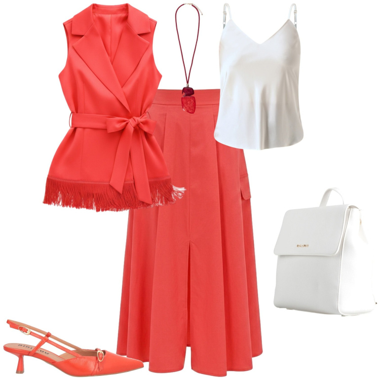 Outfit donna - Chic serata estiva. Stile Chic per Serata fuori. Abbinamento con décolleté, zaini, ciondoli, gilet, gonne lunghe, top.