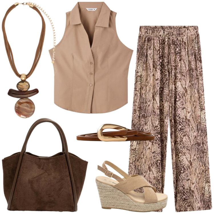 Outfit donna - Total look #2453201. Stile Casual per Tutti i giorni. Abbinamento con pantaloni, sandali col tacco, cinture, top, ciondoli, borse a spalla.