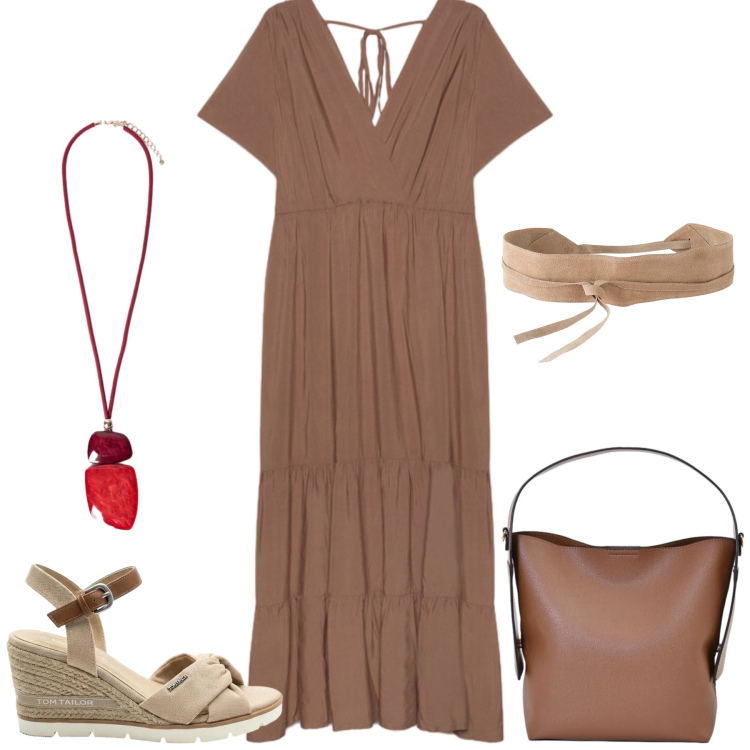 Outfit donna - Total look #2453203. Stile Casual per Tutti i giorni. Abbinamento con cinture, sandali col tacco, borse a mano, vestiti lunghi, ciondoli.
