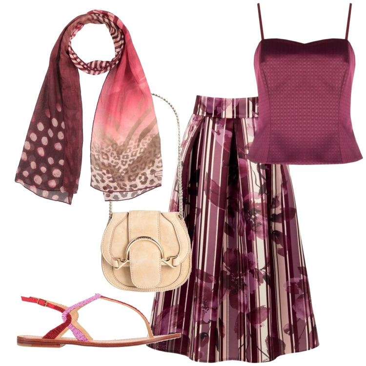 Outfit donna - Cena vista tramonto. Stile Chic per Serata fuori. Abbinamento con marsupi, sciarpe, infradito, gonne longuette, top.