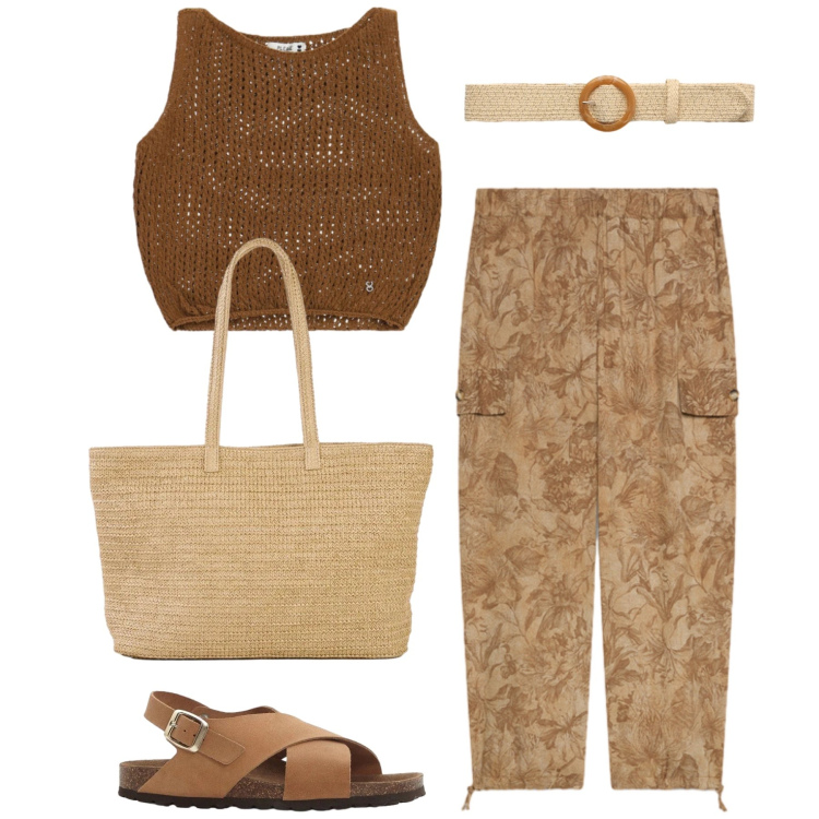Outfit donna - Total look #2453214. Stile Military per Tutti i giorni. Abbinamento con sandali in pelle, shopping bag, cinture, top, pantaloni cargo.
