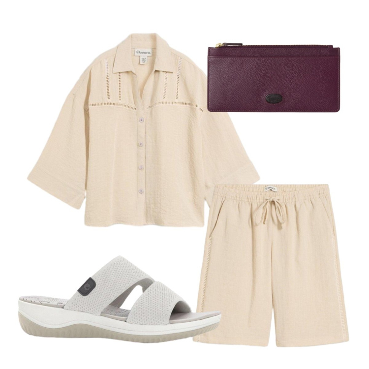 Outfit donna - Completo sabbia. Stile Basic per Tutti i giorni. Abbinamento con ciabatte, camicie, bermuda, portafogli.