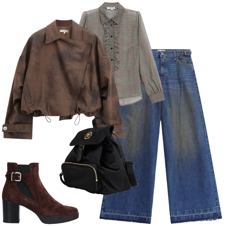 Outfit donna - Fall. Stile Casual per Tutti i giorni. Abbinamento con stivaletti chelsea, zaini, bomber, jeans, camicie.