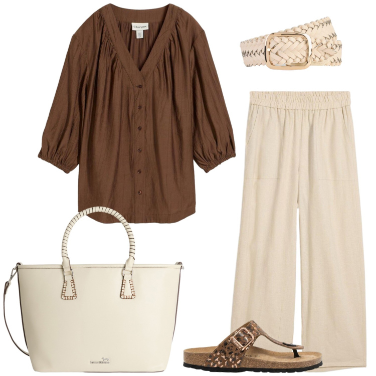 Outfit donna - Total look #2453219. Stile Casual per Tutti i giorni. Abbinamento con bluse, pantaloni, infradito, cinture, shopping bag.