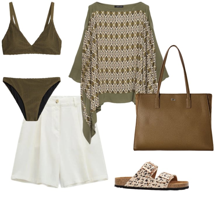 Outfit donna - Agosto. per Mare. Abbinamento con bikini, ciabatte, bermuda, shopping bag, bluse.