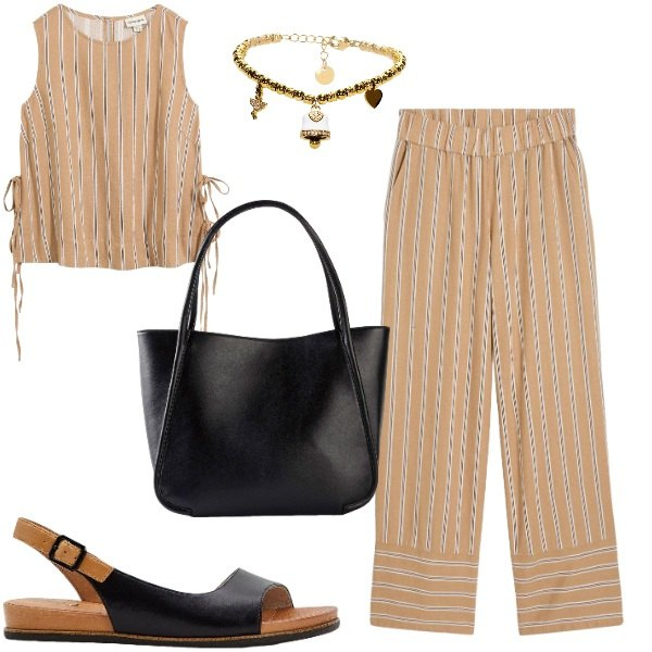 Outfit donna - Completo a righe. Stile Casual chic per Tutti i giorni. Abbinamento con canottiere, sandali, shopping bag, pantaloni, braccialetti.