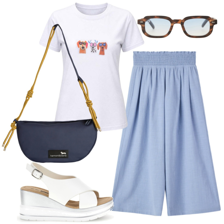 Outfit donna - Le vie del centro storico. Stile Basic per Tutti i giorni. Abbinamento con borse a tracolla, occhiali da sole, pantaloni, t-shirt, zeppe.
