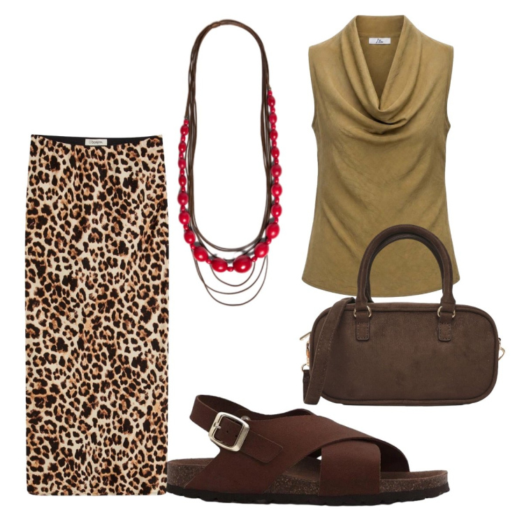 Outfit donna - Gonna animalier. Stile Etnico per Serata fuori. Abbinamento con gonne longuette, sandali in pelle, borse a tracolla, canottiere, collane.