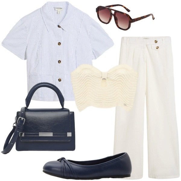 Outfit donna - Marinière. Stile Bon Ton per Tutti i giorni. Abbinamento con pantaloni, blazer, ballerine, occhiali da sole, borse a spalla, top.