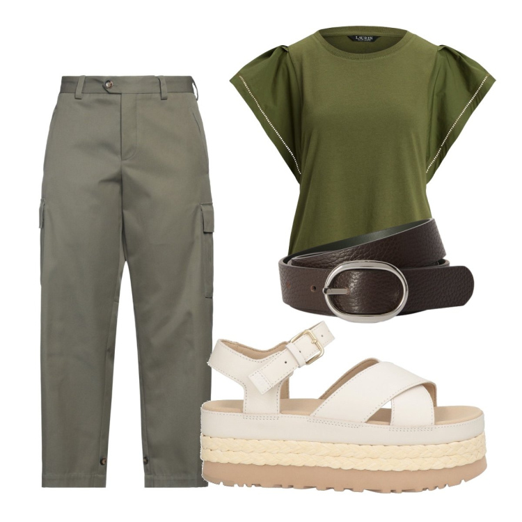 Outfit donna - Pantaloni kaki. Stile Military per Ufficio. Abbinamento con sandali in pelle, top, pantaloni cargo, cinture.