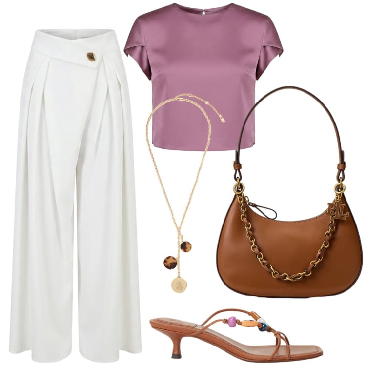 Outfit donna - Total look #2453235. Stile Minimal per Tutti i giorni. Abbinamento con pantaloni a palazzo, t-shirt, collane, borse a spalla, sandali gioiello.