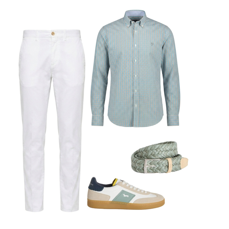 Outfit uomo - Mattinata estiva. Stile Trendy per Tutti i giorni. Abbinamento con camicie, cinture, sneakers, pantaloni chino.