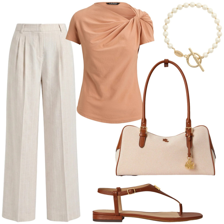 Outfit donna - Total look #2453238. Stile Chic per Tutti i giorni. Abbinamento con pantaloni, t-shirt, braccialetti, sandali in pelle, borse a mano.