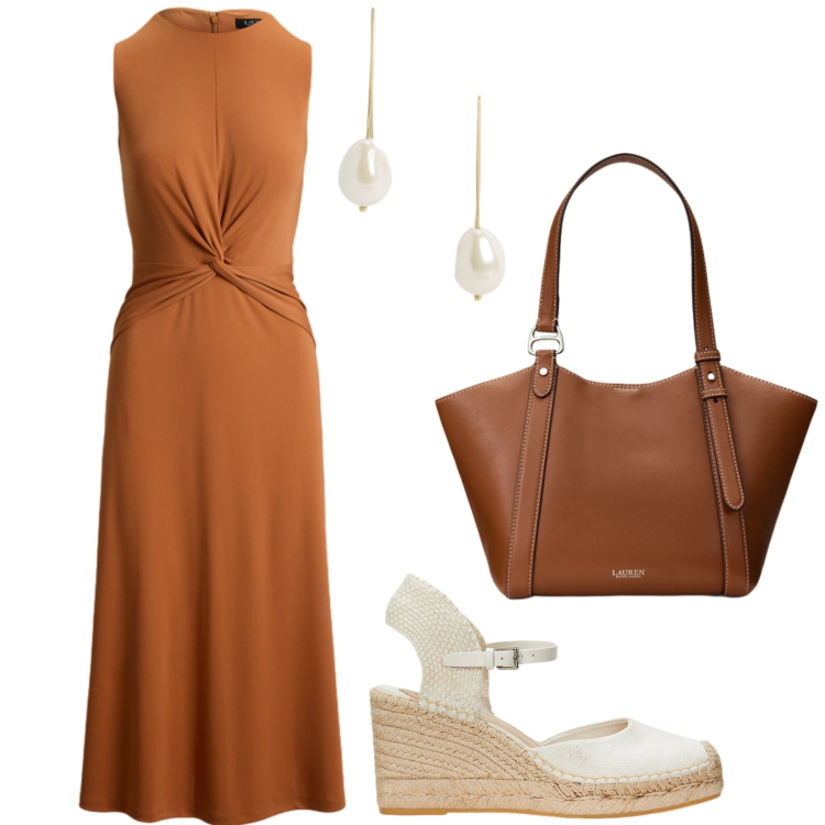 Outfit donna - Visita al museo. Stile Minimal per Tutti i giorni. Abbinamento con vestiti senza maniche, borse tote, orecchini, espadrillas.